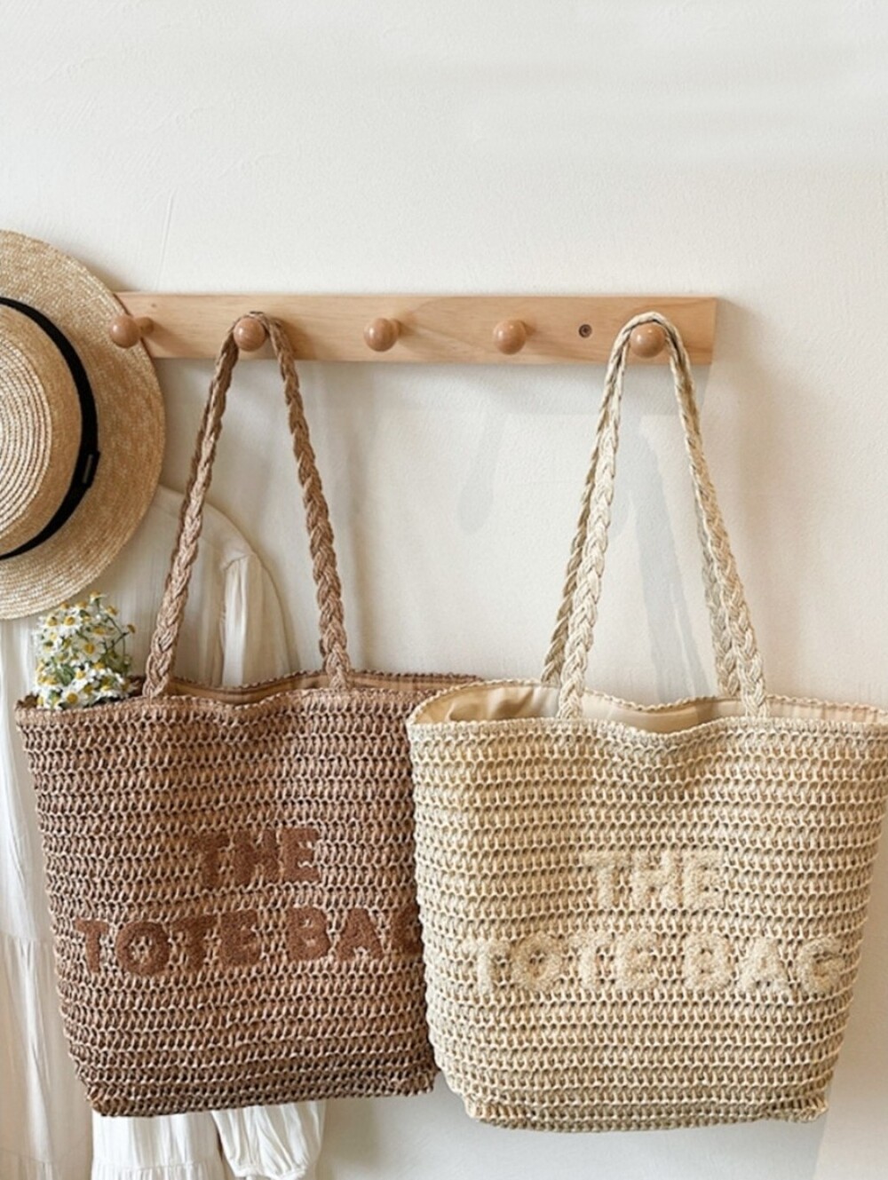 Straw Woven The Tote Bag ~ Beige Or Mocha - Picture 5 of 5